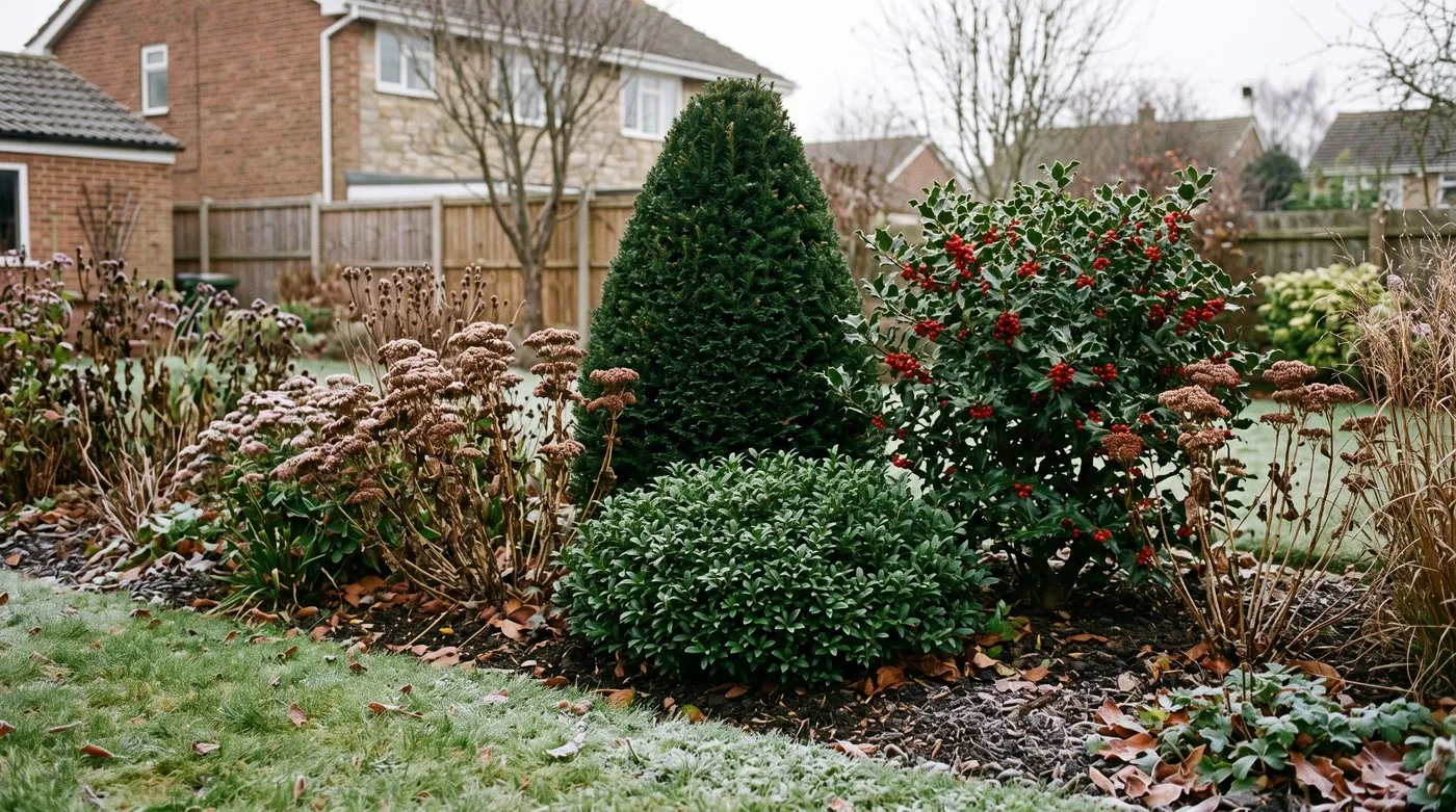 Winter border held together by a clipped yew cone, berried holly and sweet box in November