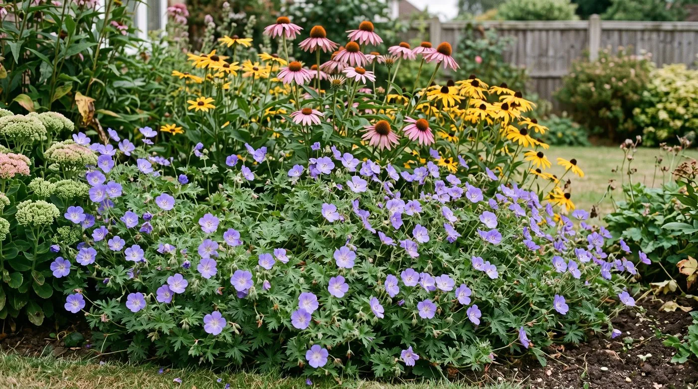 Geranium Rozanne spreading at the front of an August border with echinacea and rudbeckia behind