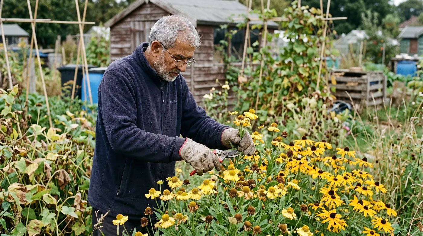 Gardener deadheading yellow Helenium Butterpat beside golden rudbeckia on an allotment in autumn