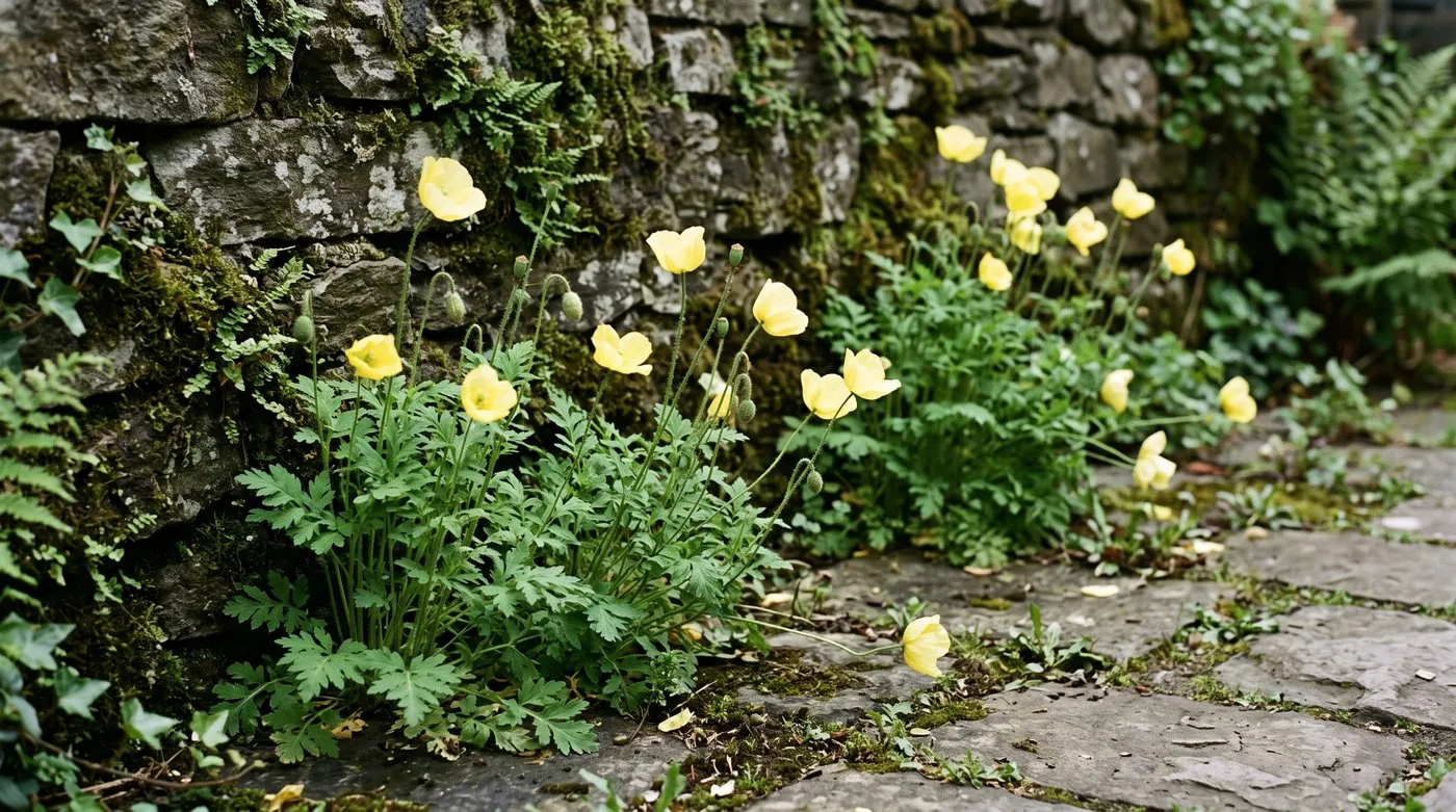 Lemon-yellow Welsh poppies self-seeded along the base of a shady stone wall and between paving