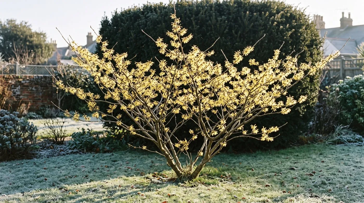 Witch hazel Pallida with spidery pale yellow flowers on bare branches in front of a dark hedge in winter