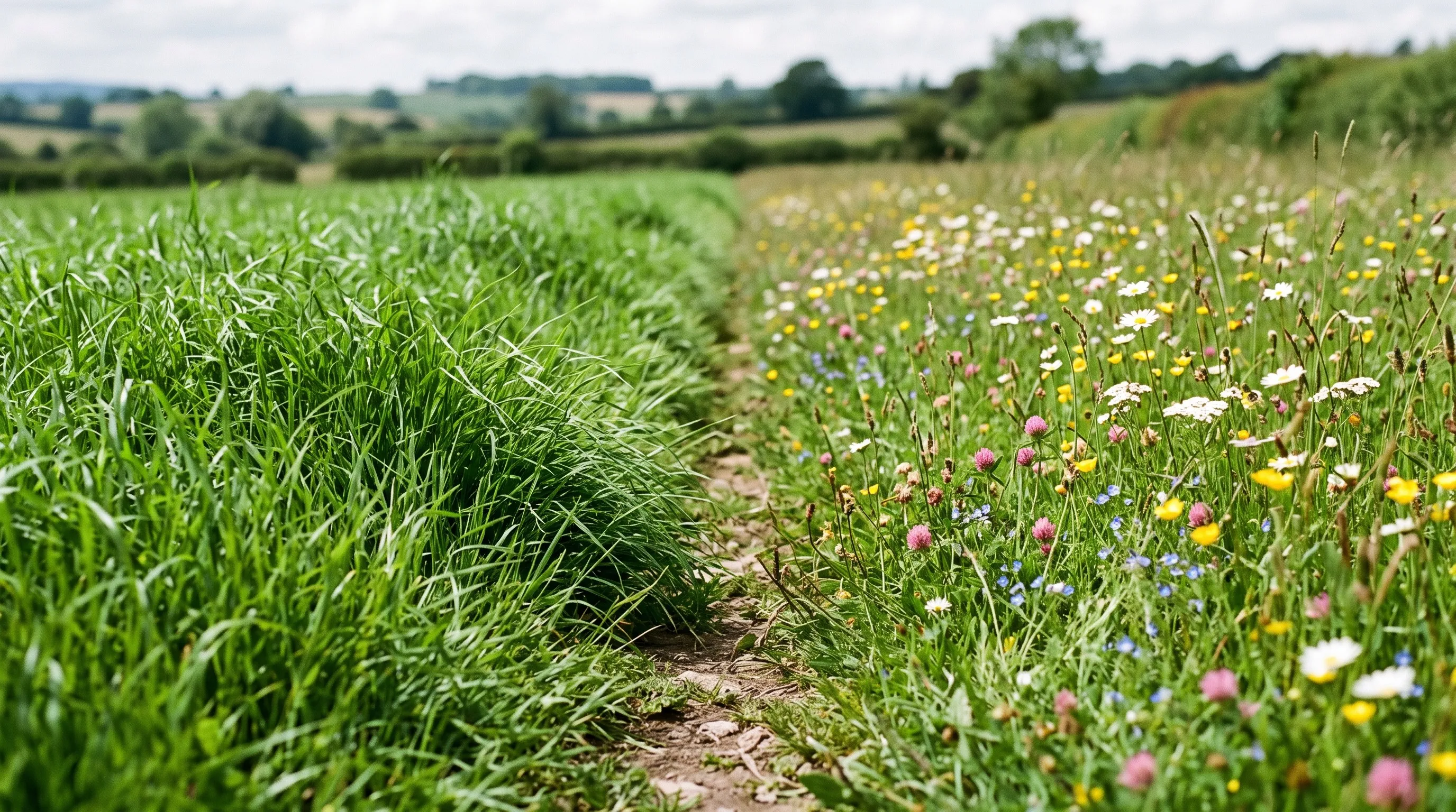 Comparison of dense lush green grass beside thinner sparser rattle-weakened turf with wildflowers