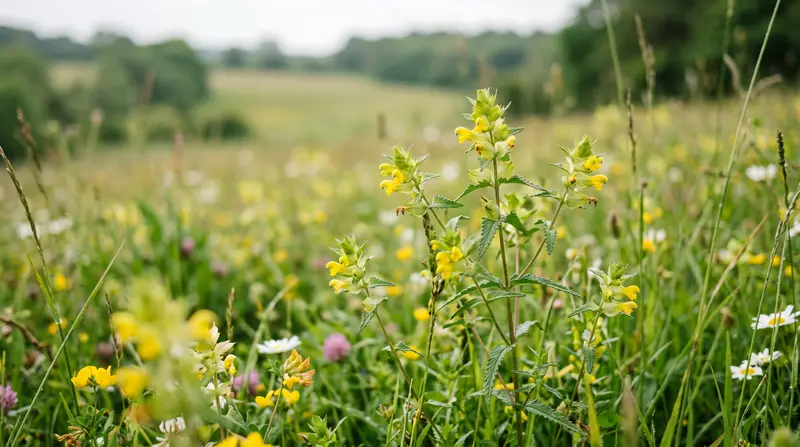 A species-rich UK wildflower meadow with yellow rattle and ox-eye daisies in full summer flower