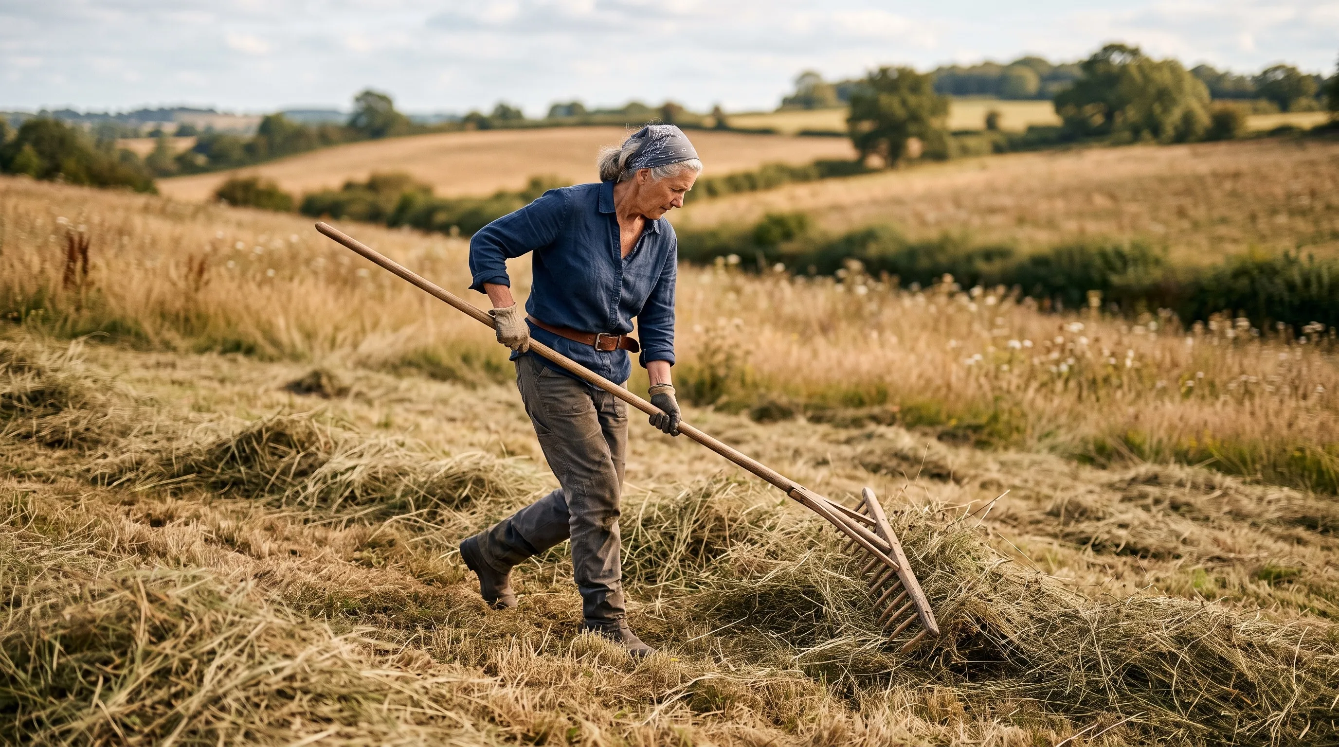 A gardener raking off cut meadow hay with a wooden rake in late summer