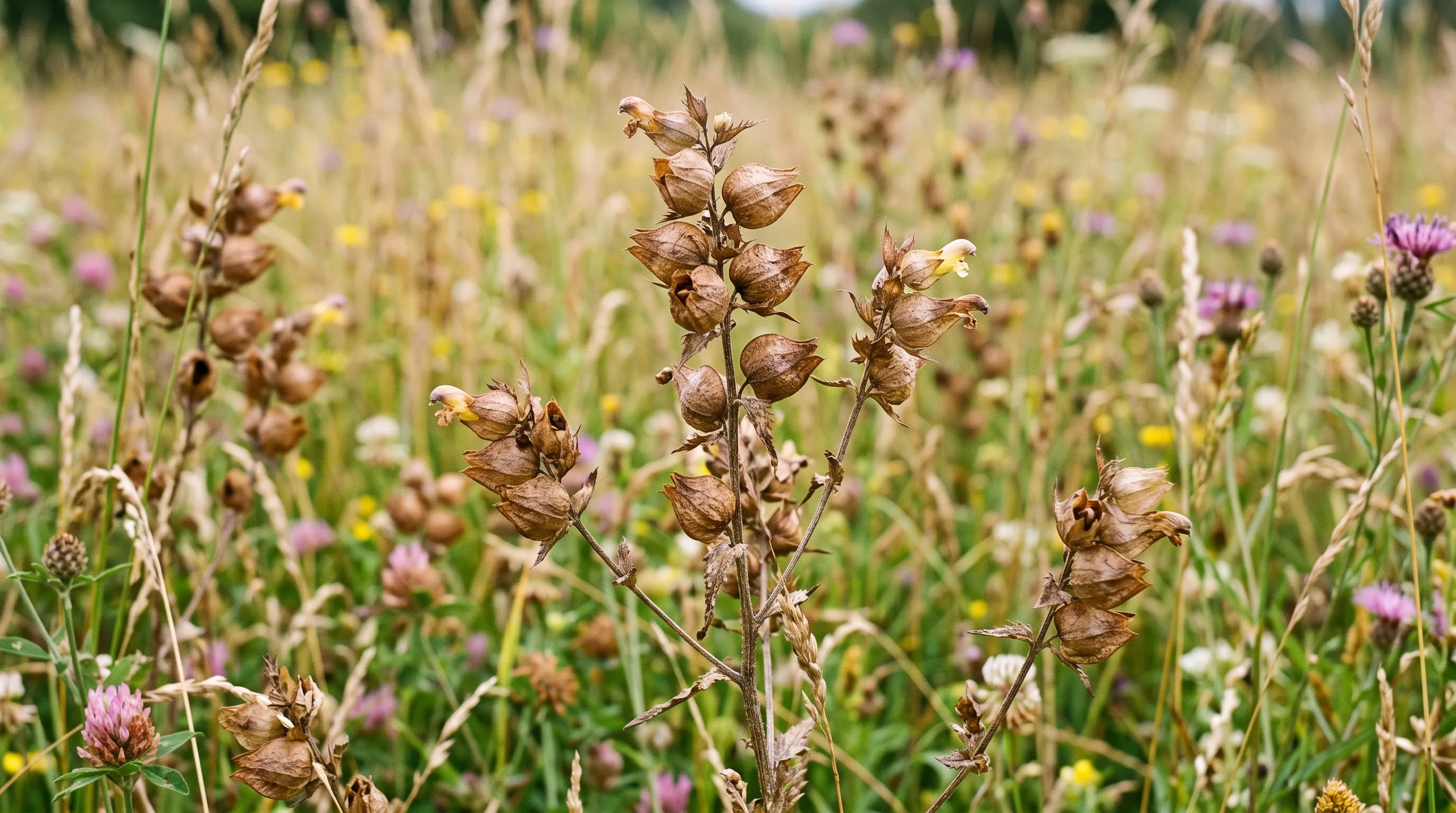 Ripe brown seed pods of yellow rattle in July with dry inflated capsules on the stems
