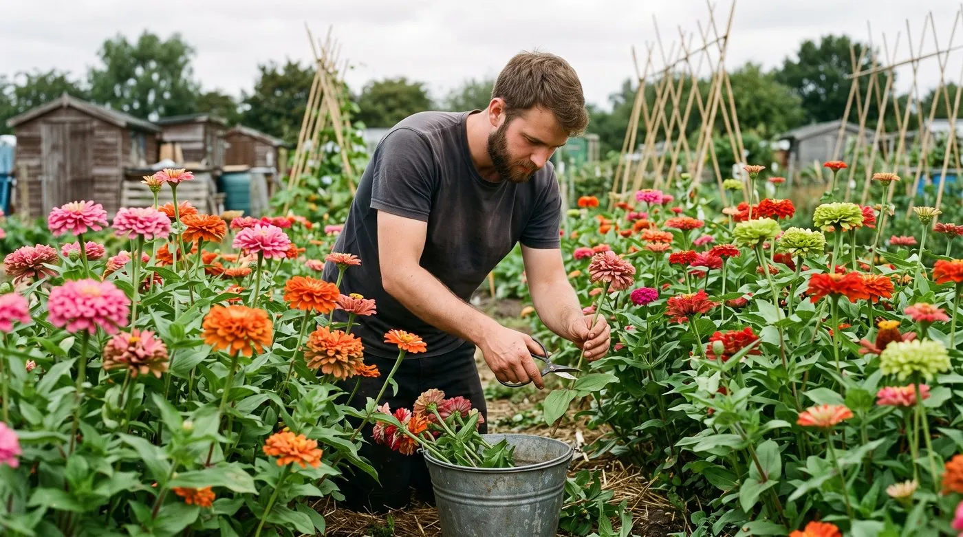 Allotment gardener deadheading tall zinnias with scissors just above a pair of leaves