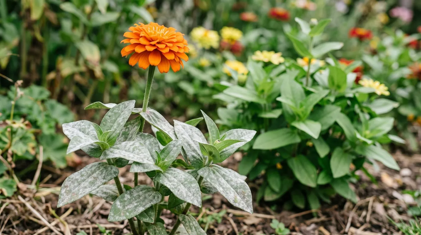 Zinnia leaves coated with white powdery mildew below a bright orange flower